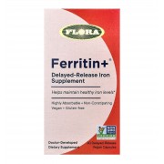 Ferritin + рослинне залізо, 30 веганських капсул із відстроченим вивільненням (20 мг на капсулу) Flora
